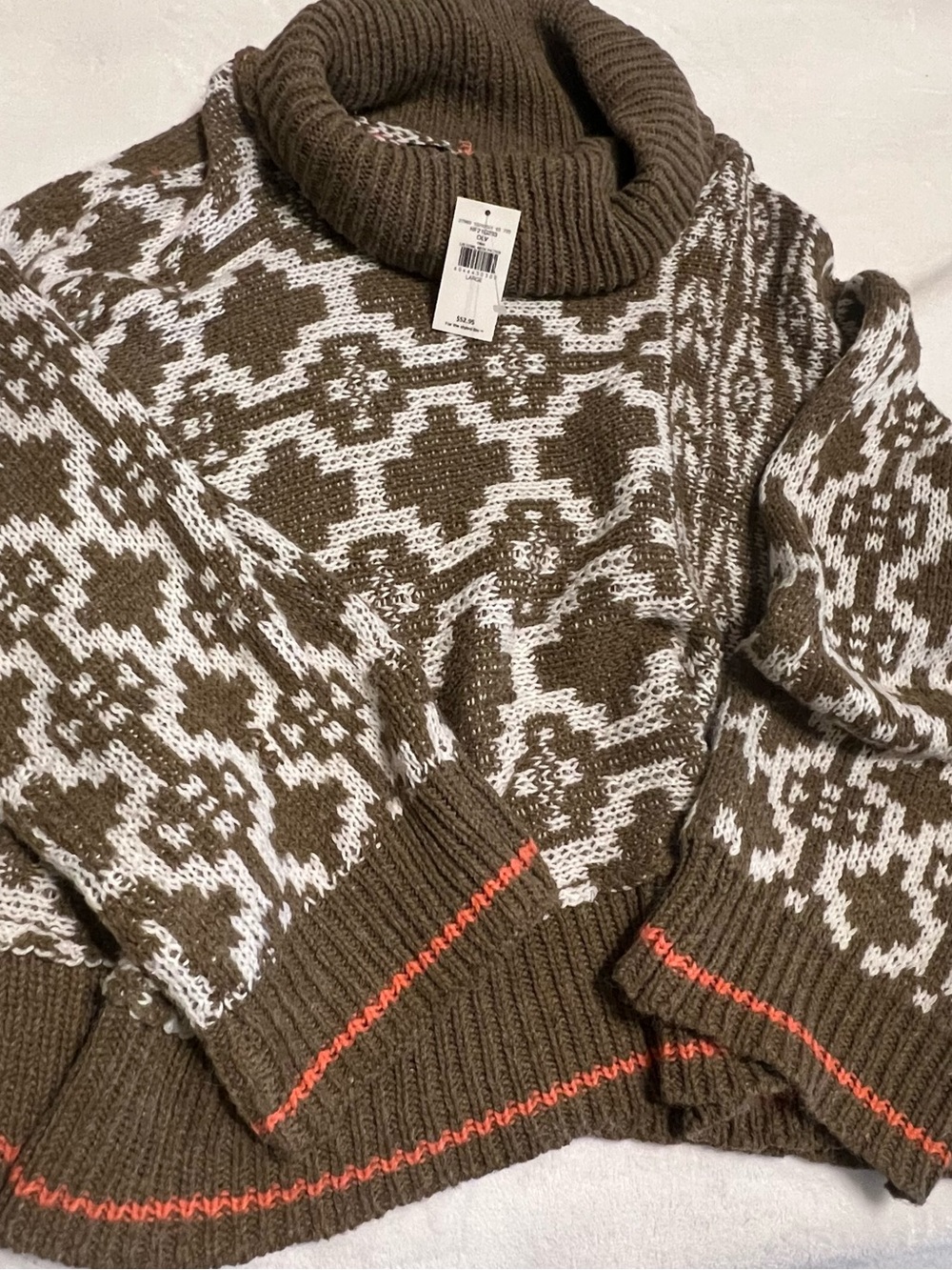 HYFVE Chunky Olive and White Patterned Cowl Neck Sweater
